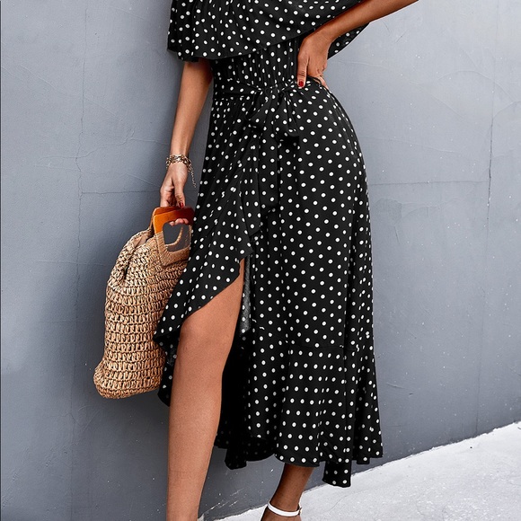 Closet Clear-Out - Polka Dot Layered Off-Shoulder Belted Dress - Picture 5 of 7